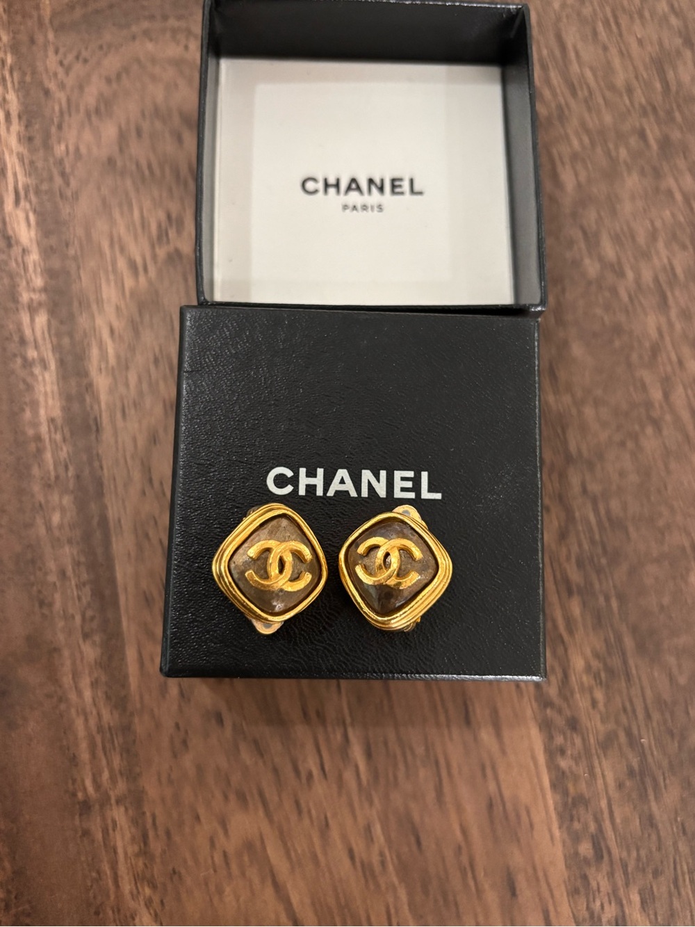 Authentic CHANEL 97A gold plated stone vintage clip on earrings